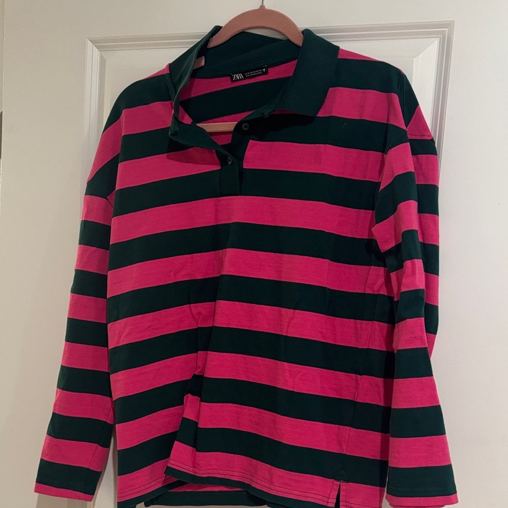 Zara Pink and Dark Green Striped Long Sleeve Polo